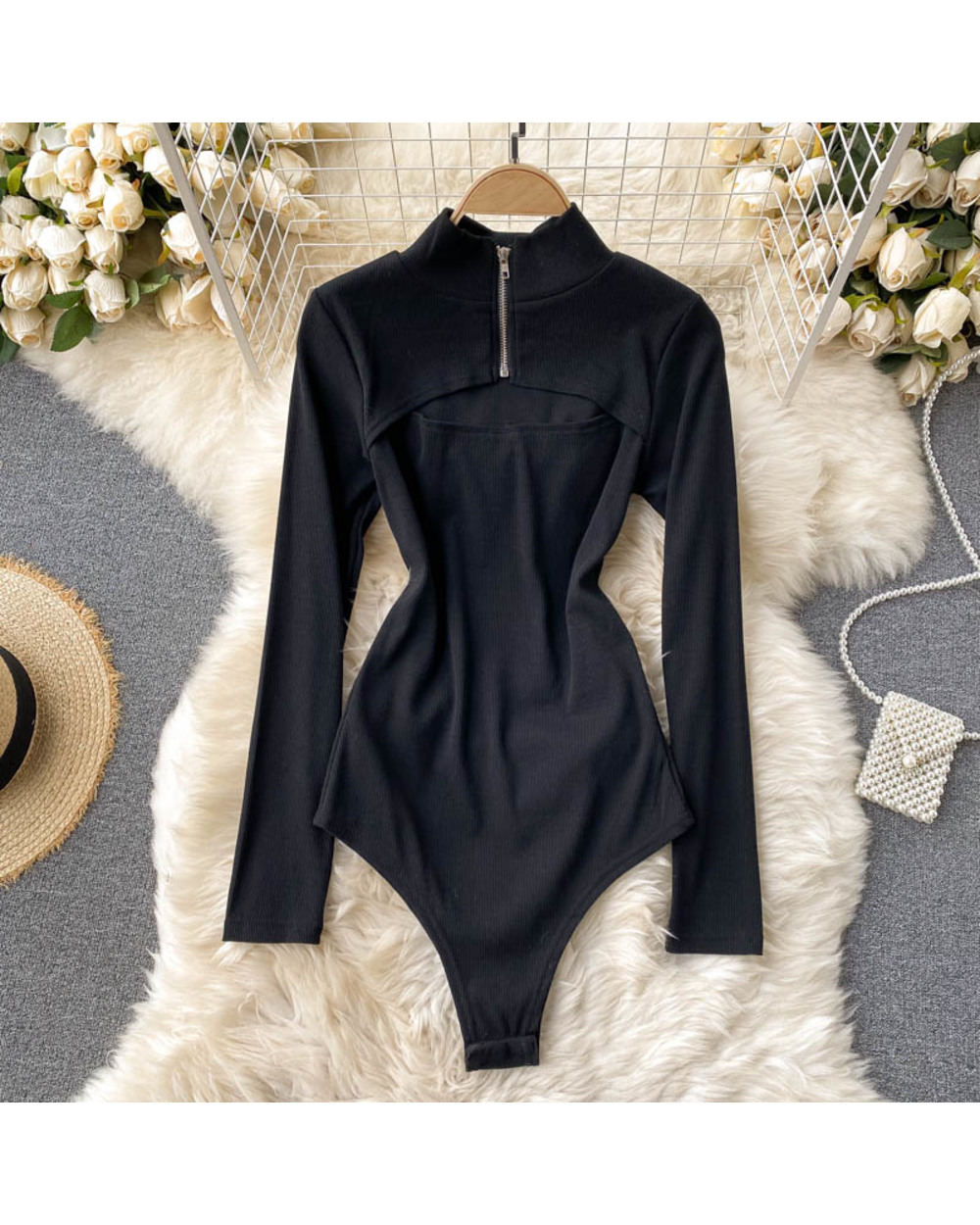 Foamlina Women Knitted Bodysuits 2020 Autumn Sexy Club Outfits Zip-up Stand Collar Long Sleeve Hollow Out Slim Body Tops front-1