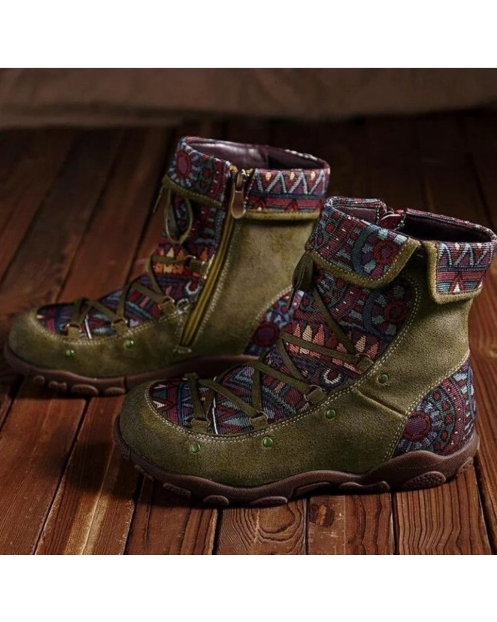 Women's Ladies Retro Native American Style Ankle Zip Short Boots Booties Casual front-3