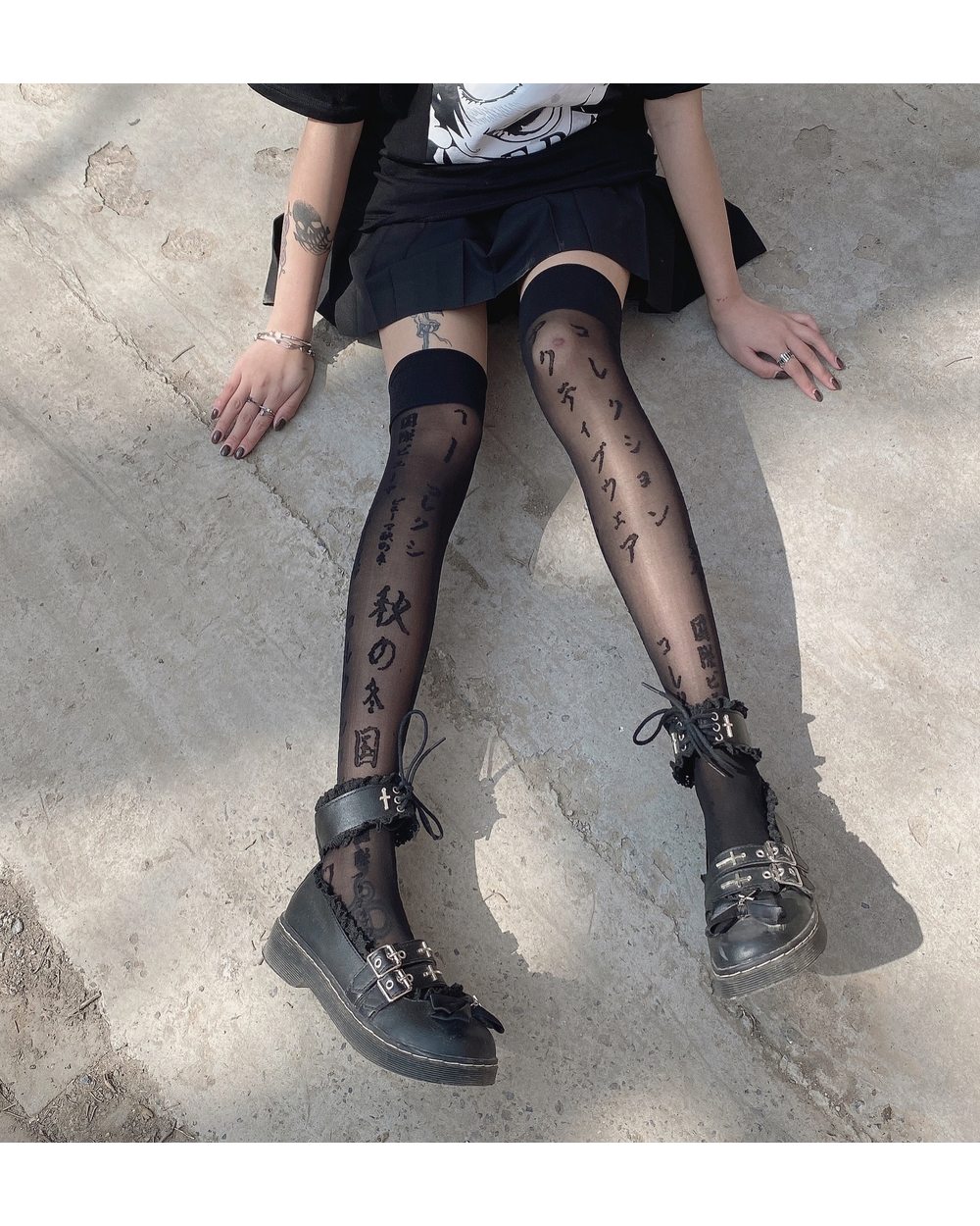 KASURE Sexy Japanese Letter Pantyhose Stockings Tights Mesh FishNet Tattoo Patterned Tights front-4