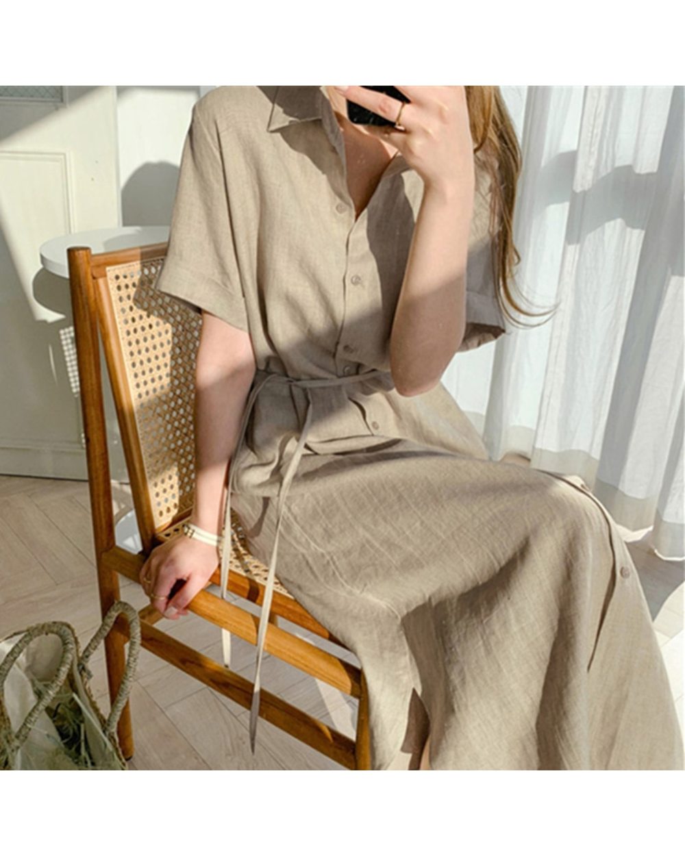 Women Summer Shirt Dress Casual 3 Colors Loose Fashionable Split Lace Up Cotton and Linen Long Dress front-0