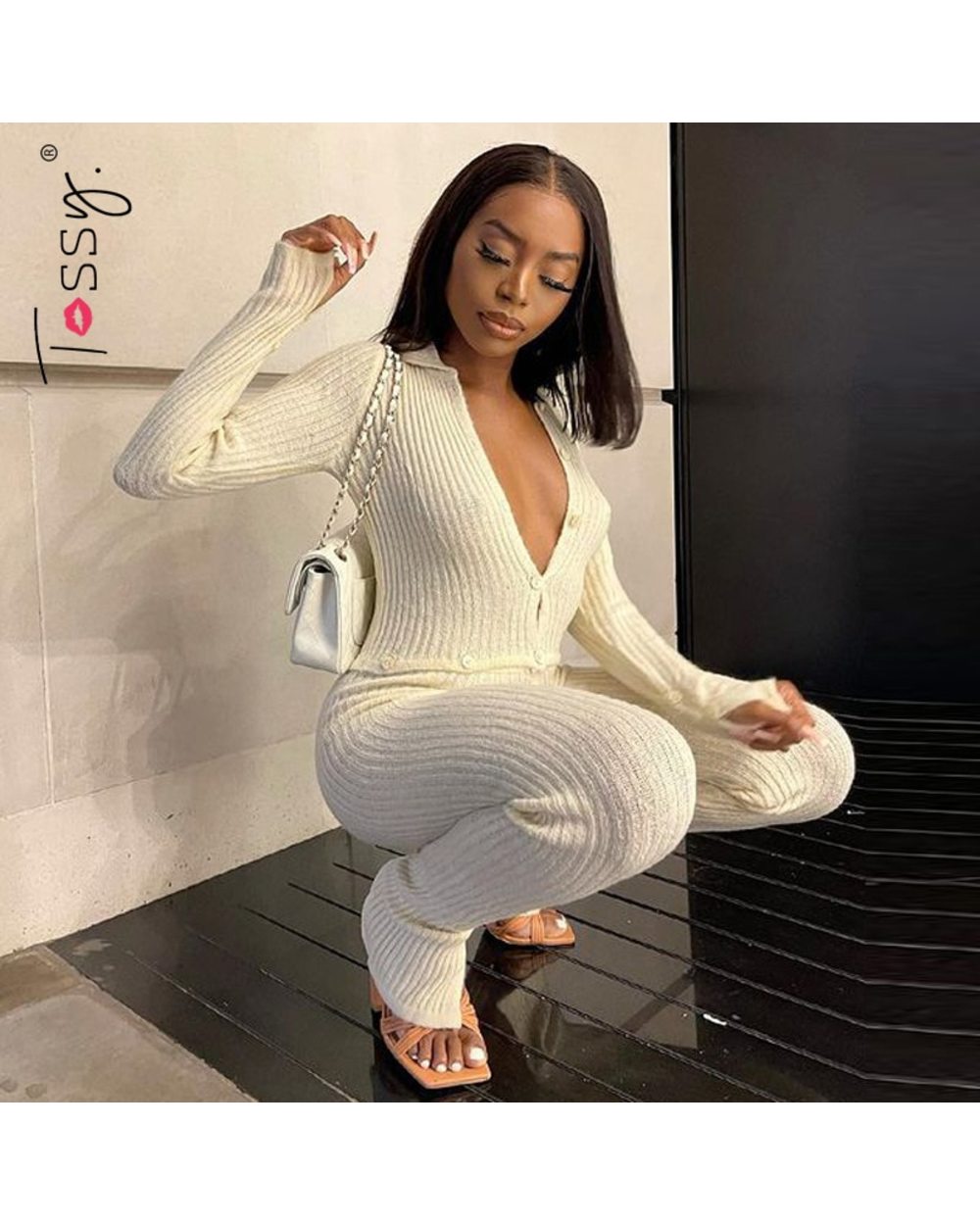 Tossy Skinny Two Piece Set Women Knit V-Neck Long Sleeve Top And Pants Female Jumpsuits 2 Piece Outfits Sexy Femme Match front-1