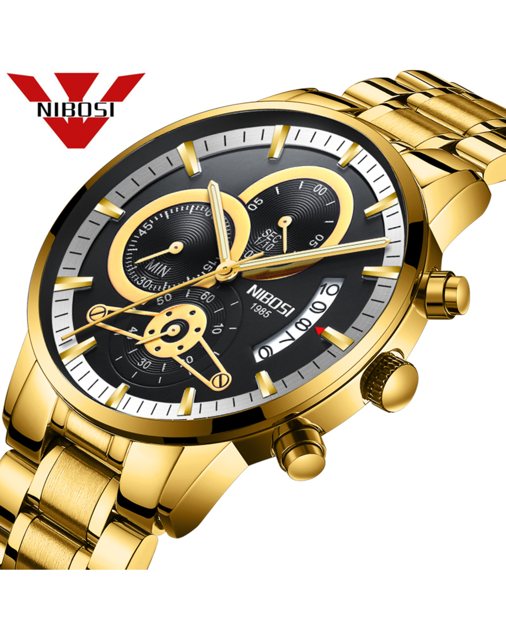 Nibosi Quartz Watch Men Gold Black Mens Watches Top Brand Luxury Chronograph Sports Watches Luminous Waterproof Relogio front-0