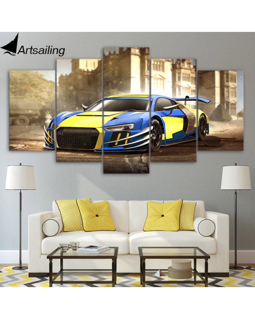 Sports Car Blue and Yellow Picture Print Car 5 Panel Canvas Art Wall Decor front-2