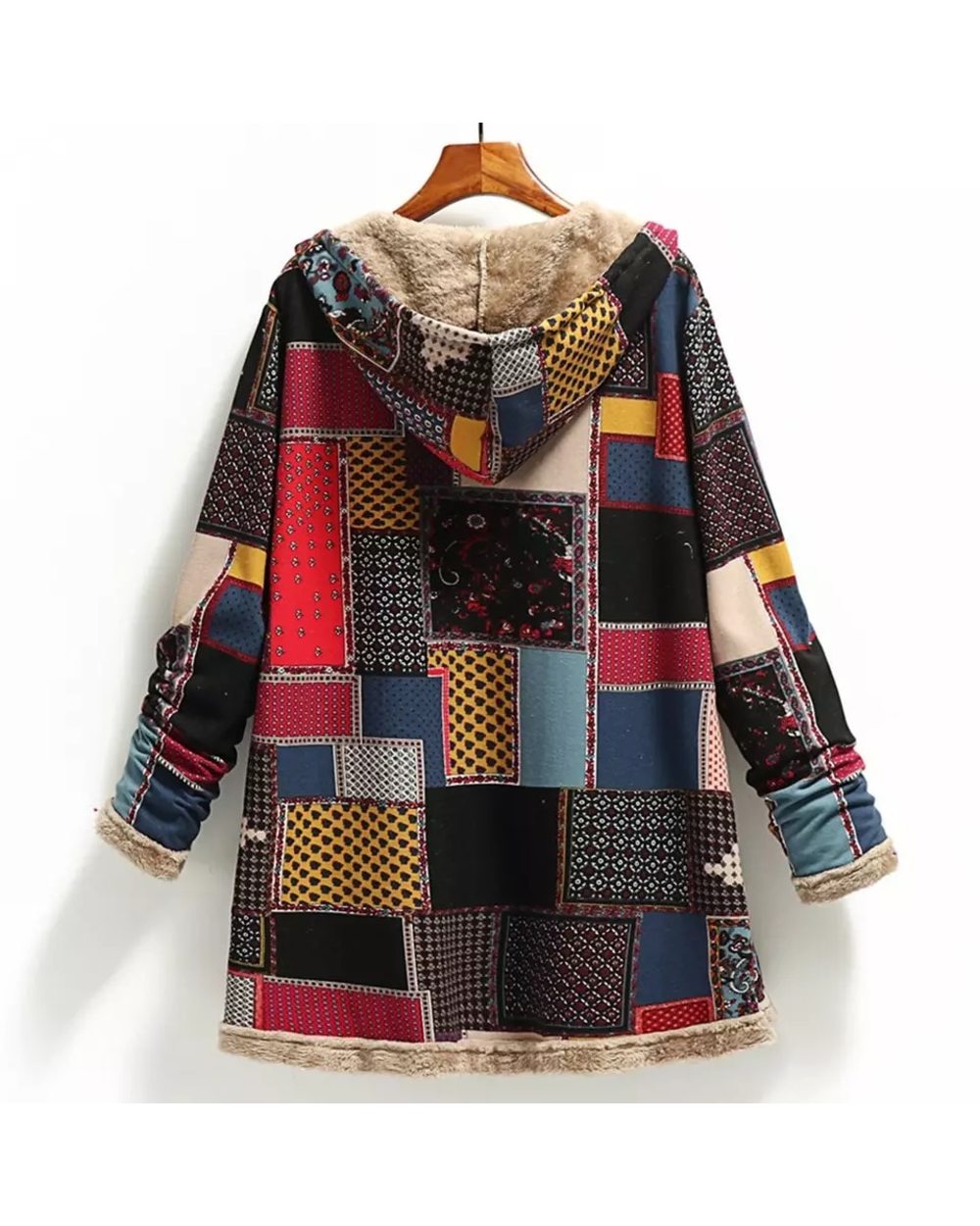 Winter Vintage Women Coat Warm Printing Thick Fleece Hooded Long Jacket with Pocket Ladies Outwear Loose Coat front-1