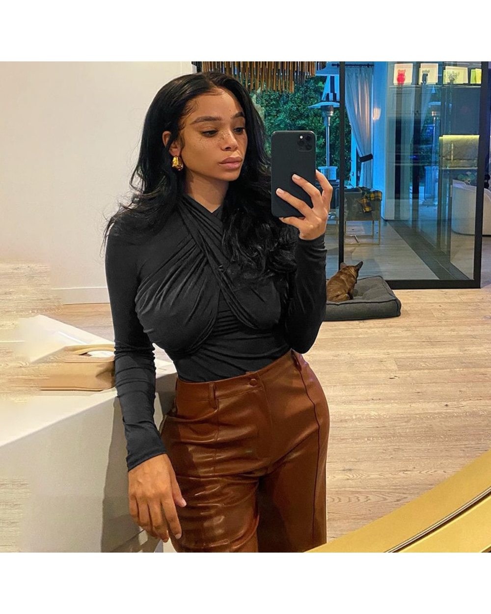 Gtpdpllt 2020 O Neck Cross Bodysuit Women Autumn Winter Black Body Top Long Sleeve Party Sexy Brown Romper front-1