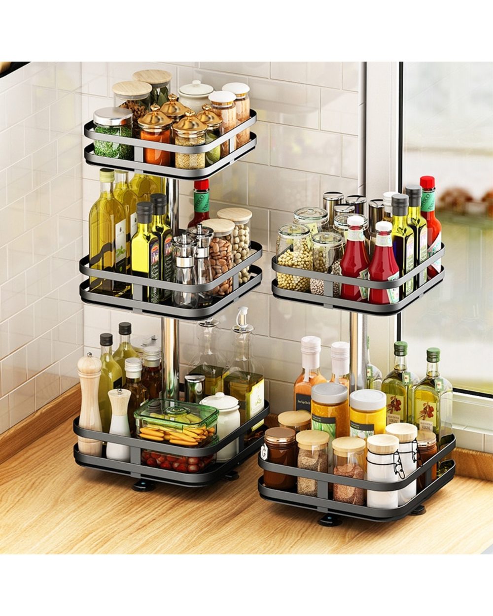 Rotating Storage Rack Spice Jars Holder Bottles Shelves front-3