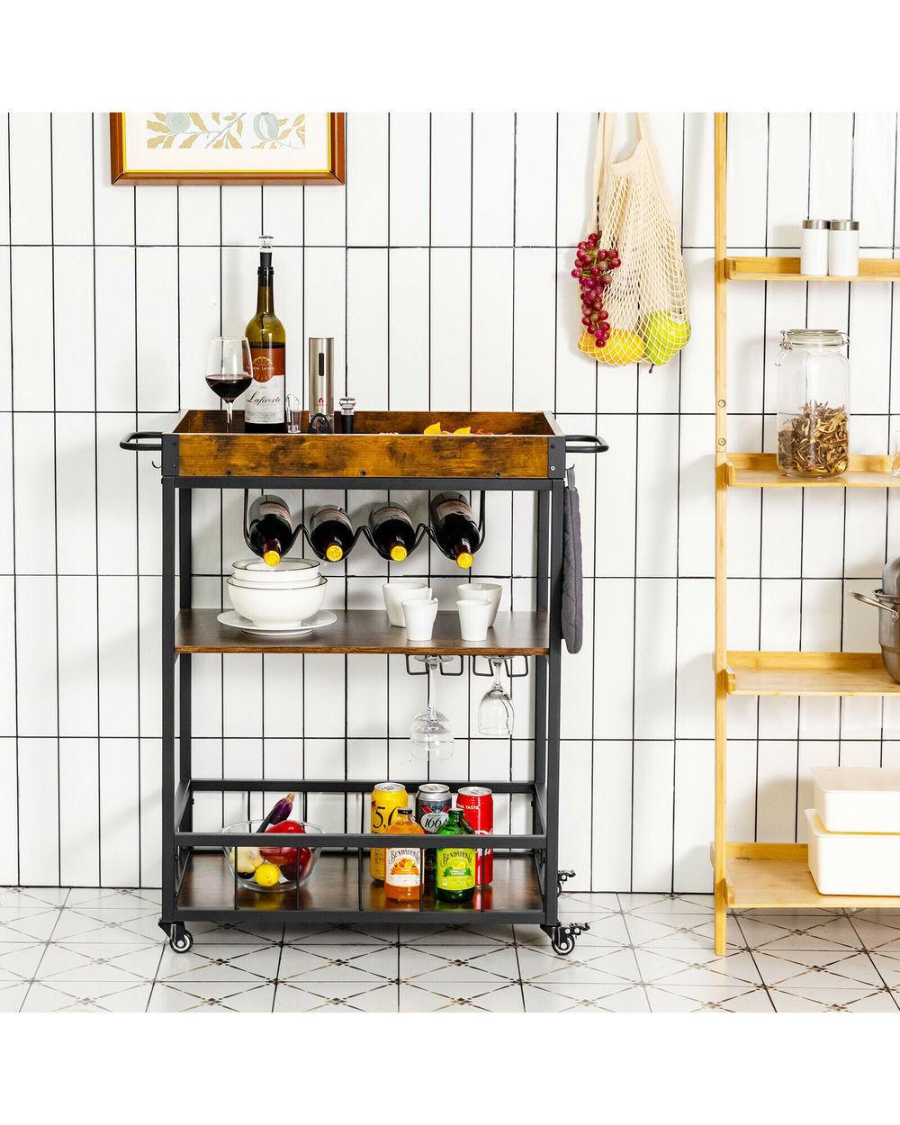 3-Tier Rolling Kitchen Bar Cart Serving Trolley Wine Rack Removable Tray front-1