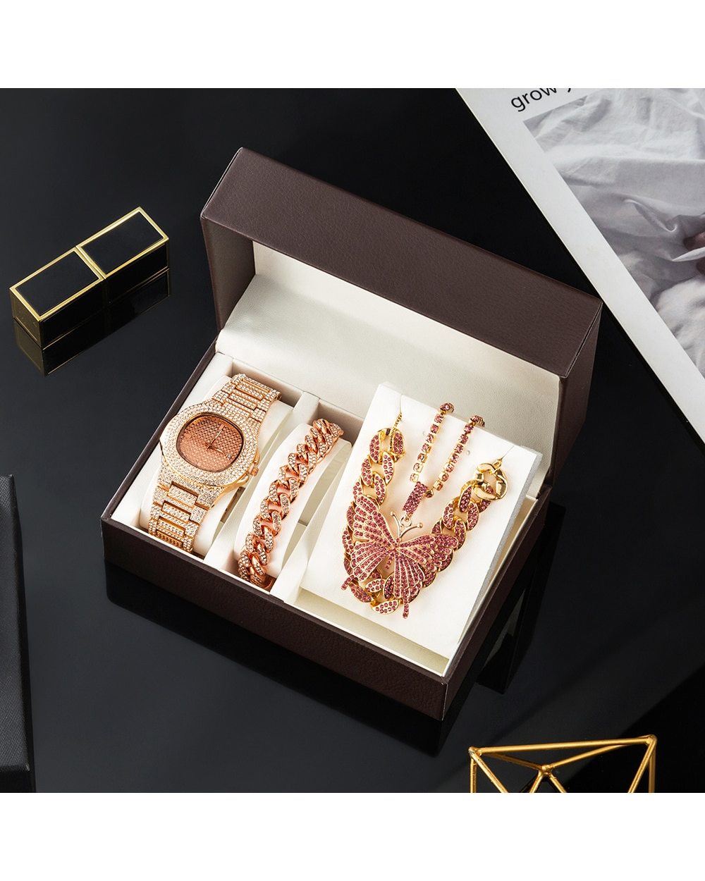 Luxury Women Watch Set Gold Watches Necklaces Bracelet Cuban Chain Butterfly Rhinestones Bling Jewelry 4Pcs Sets front-1