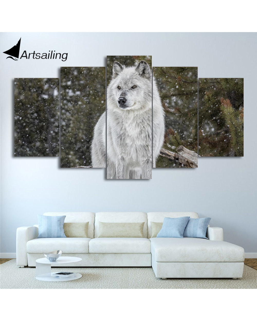 Snow Wolf Painting Picture Print Animal 5 Panel Canvas Art Wall Decor front-3