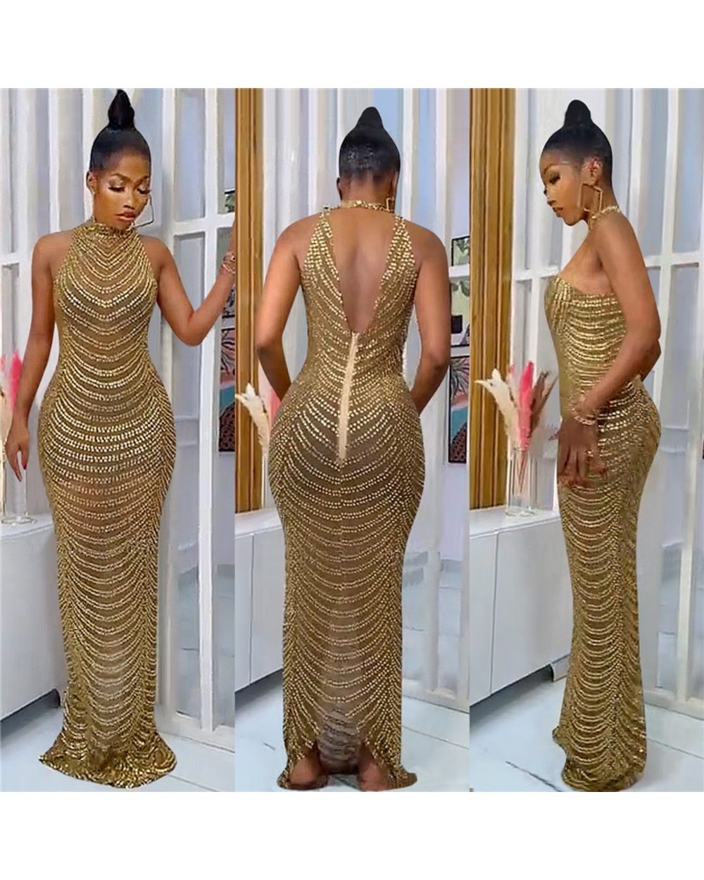 Sparkly Crystal Rhinestone Bodycon Maxi Wedding Evening Backless Mesh See Through Night Party Club Birthday Dress front-3