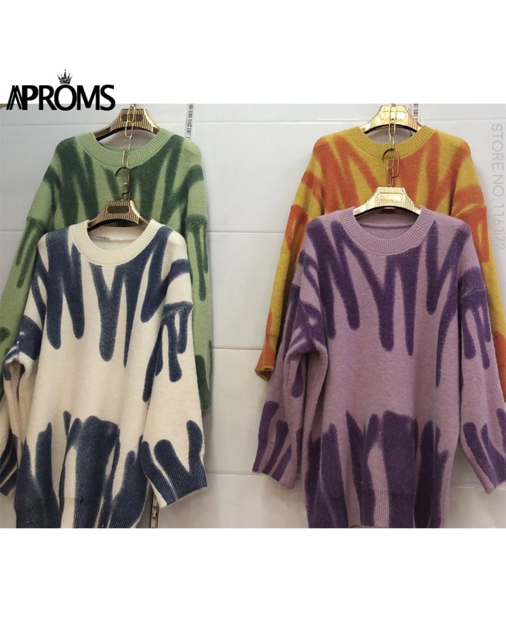 Elegant Green Striped Print Oversized Pullovers Women Winter O-Neck Loose Long Sweaters Streetwear Warm Outerwear 2022 front-4
