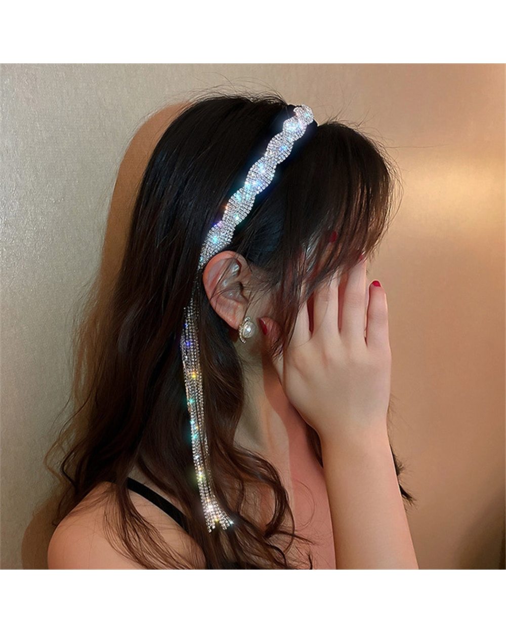 Style Long Tassel Asymmetry Rhinestone Headband front-3