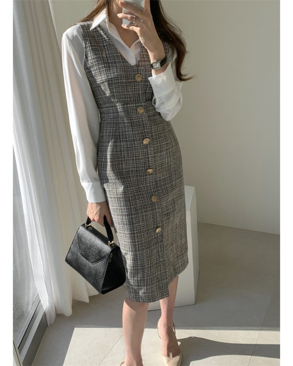 Spring Autumn Women Dresses Sleeveless High Waist Checkered Fashionable Office Lady Wild Long Dress front-3