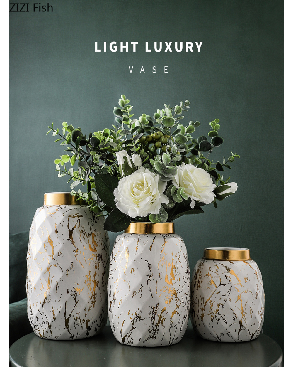 European Gilded Ceramic Vase Marble Pattern Countertop Living Room Furnishings Flower Arrangement Fresh Flowers Hydropo front-0