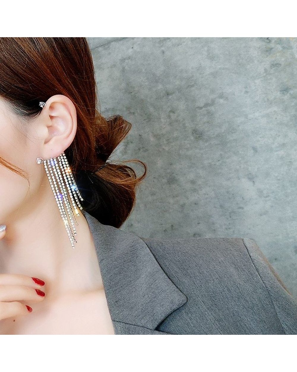 Luxury Crystal 1PC Bling Rhinestone Tassel Non Ear Piercing Drop Earrings Jewelry front-2
