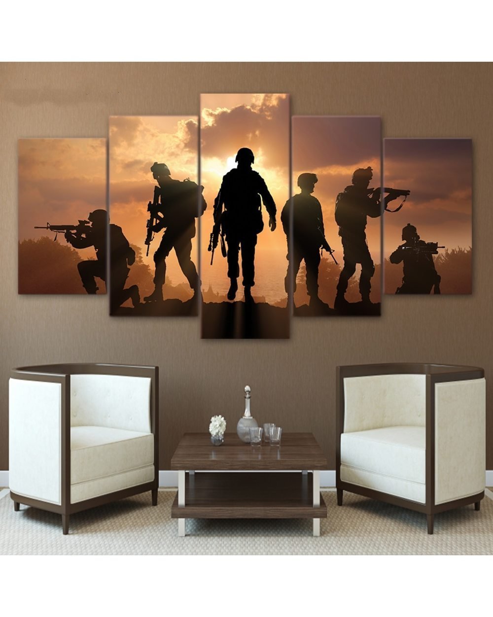 Patriotic US military Painting Soldiers With Army in Sunset Inspiration5 Panel Canvas Art Wall Decor front-0