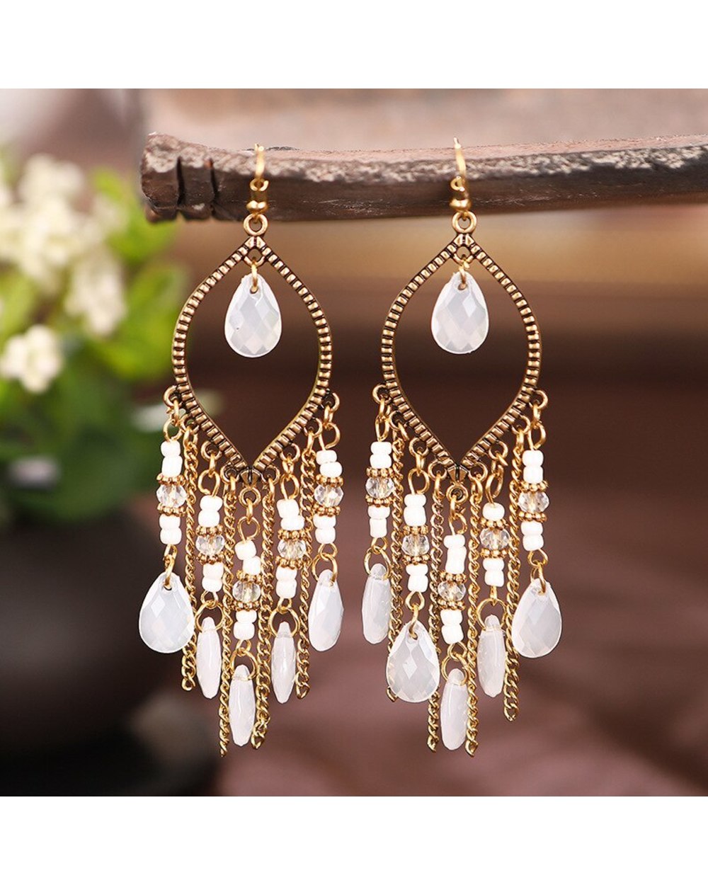 Antique Gold Plated Long Water Drop Tassel Earrings WCS front-4