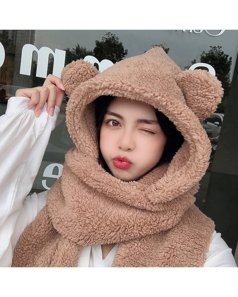Lamb Velvet Hat Woman Winter Warm And Cold Hooded Scarf Gloves 3-In-1 Sets Female Cute Bear Ear Protection Cotton Cap front-0