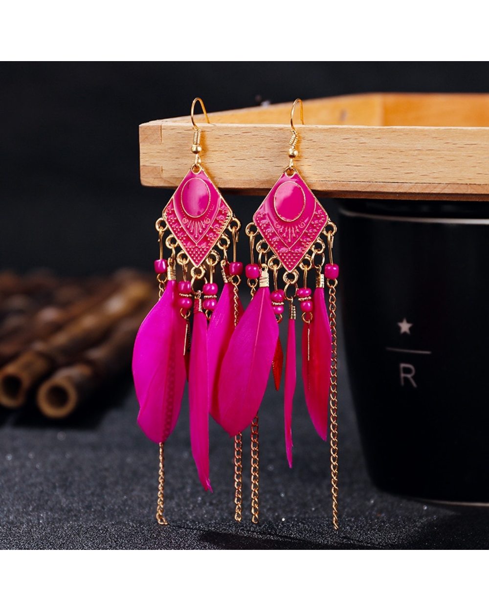 Blue Long Feather Dangle Earrings WCS front-2
