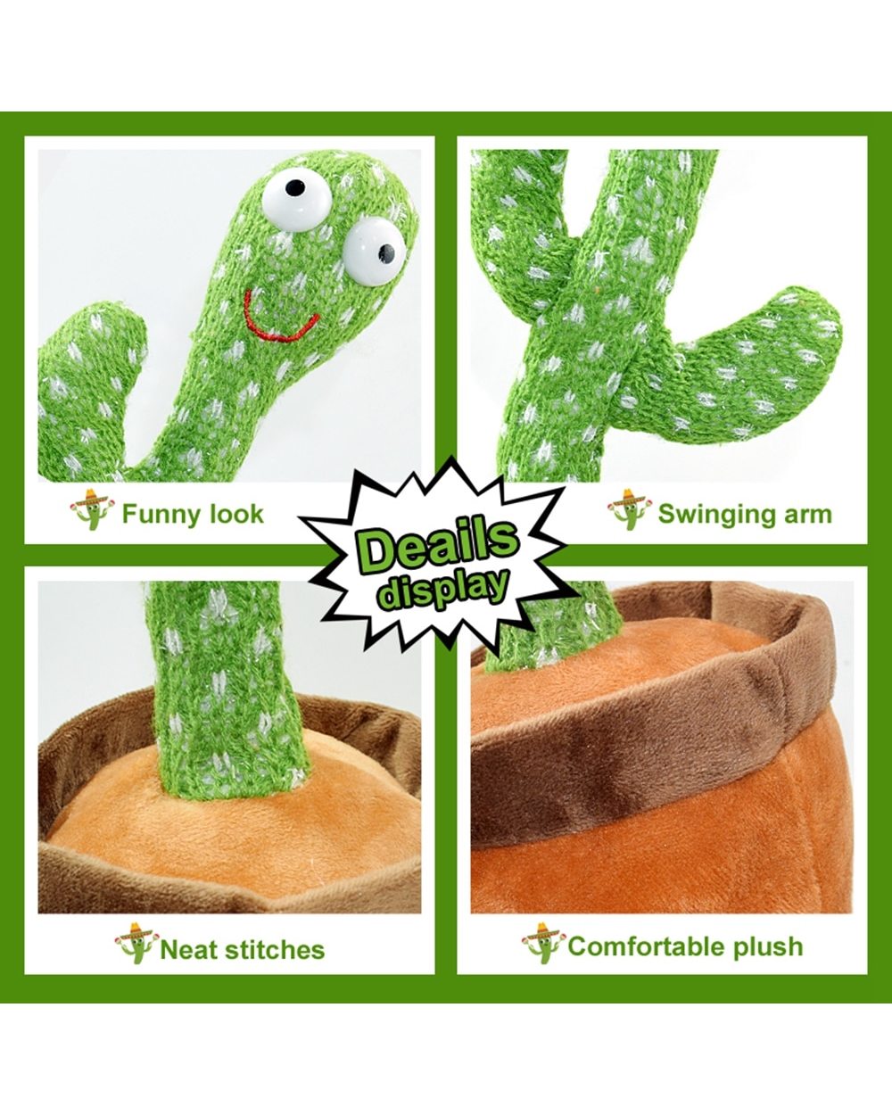 Dancing Cactus Repeat Talking Toy Electronic Plush Toys Can Sing Record Lighten Battery USB Charging Early Education front-3