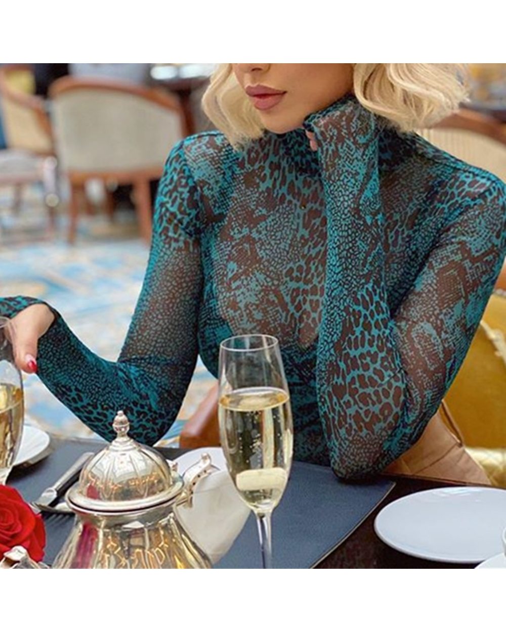 Long Sleeve Blue Snake Print Women Bodysuit Turtlneck See-Through Mesh Casual Spring Fall Body Top Romper Sexy Streetwea front-1