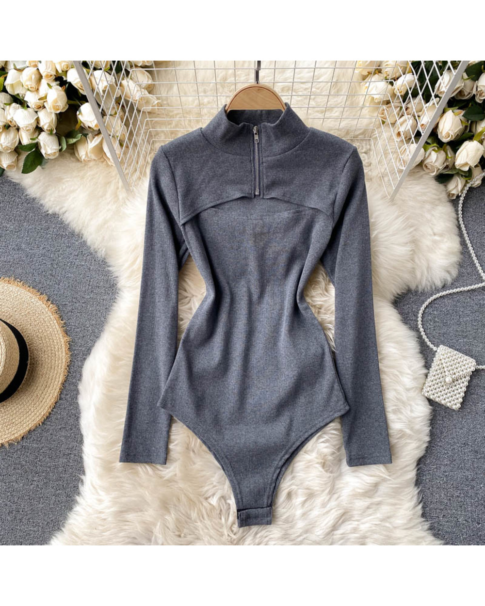 Foamlina Women Knitted Bodysuits 2020 Autumn Sexy Club Outfits Zip-up Stand Collar Long Sleeve Hollow Out Slim Body Tops front-0