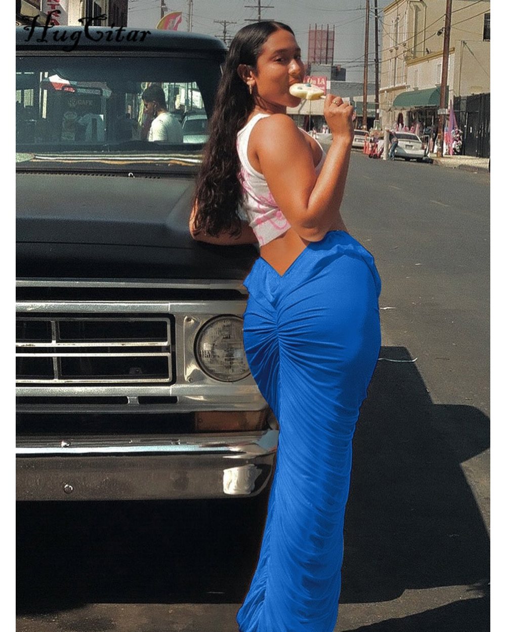Stretch Solid Folds Shirring Maxi Dress Women Fashion Sexy Elegant Streetwear Party Club Wear Y2K front-4