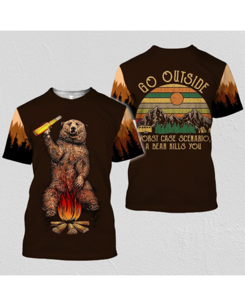 T-shirt Brown bear Beer Bonfire 3D Printed T-shirt Camping Harajuku Streetwear Camiseta Masculina VG06 front-0