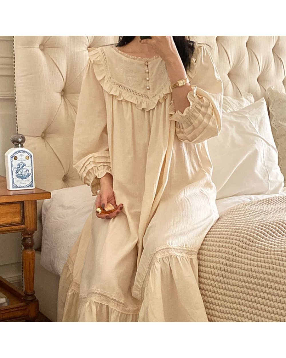 Pure Cotton Vintage Nightgowns Women Robe Nightie Long Victorian Romantic Princess Sleepwear Nightdress front-3