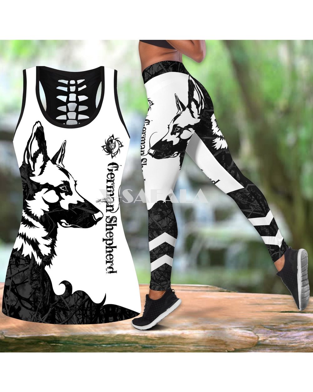 German Shepherd Black Tattoos Two Piece Yoga Set Women 3D Print Vest Hollow Out Tank Top High Waist Legging front-0