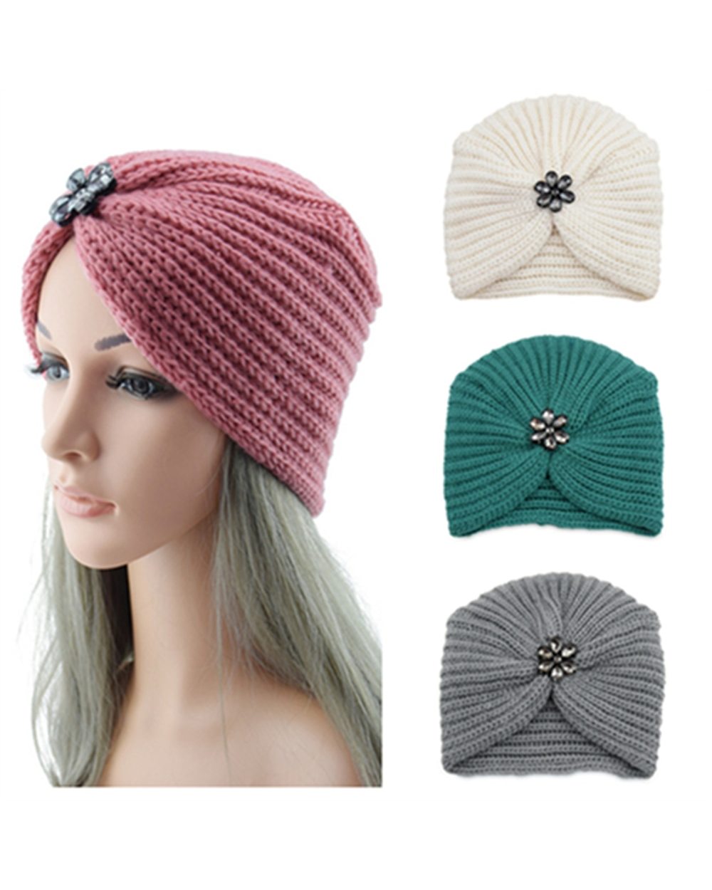 Bohemian Style Winter Woolen Flower Drill Belt Knitted Hat European And American Women Turbans Cap front-0