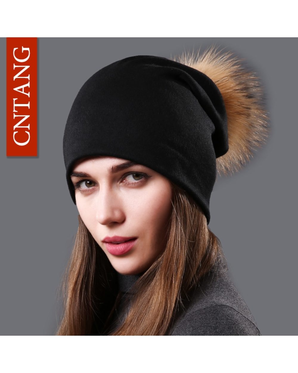 Cntang Female Natural Raccoon Fur Pompom Hats Beanies Autumn Winter Warm Solid Caps For Women Fashion Cotton Skullies T front-1