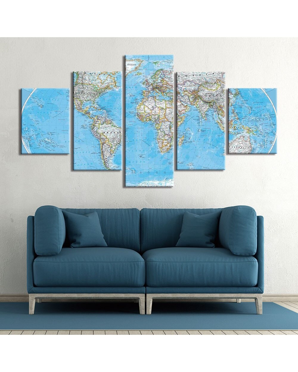 Abstract Blue Toned World Map Picture Print Abstract 5 Panel Canvas Art Wall Decor front-0