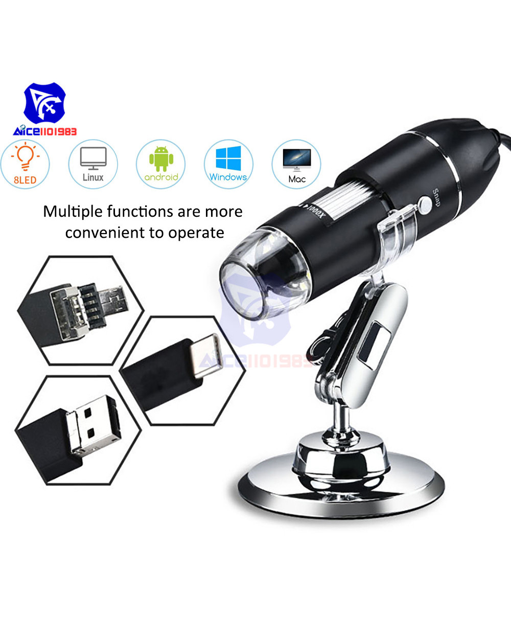 Diymore Portable 3 In 1 Usb Type-C Digital Microscope 50X -500X/1000X/1600X Magnification Endoscope For Mac/Window/Linu front-0