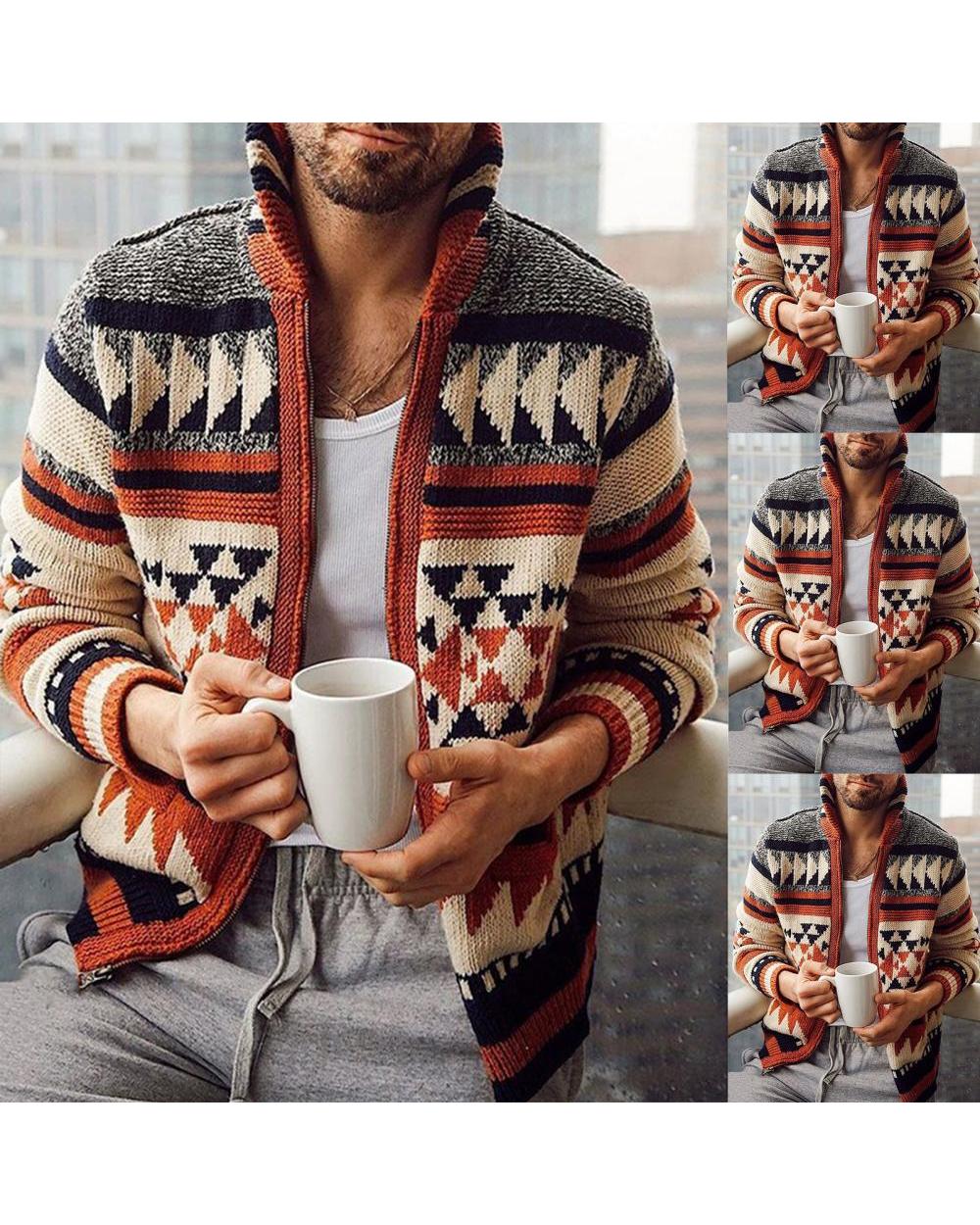New autumn and winter jacket sweater men's long-sleeved cardigan jacquard knitted sweater men's jacket lapel warm front-4