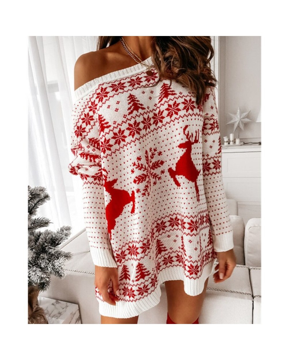 Women Christmas Sweater Dress Autumn Winter Long Sleeve Off Shoulder Kniteed Casual Pullover Oversized Fashion Jumper front-2