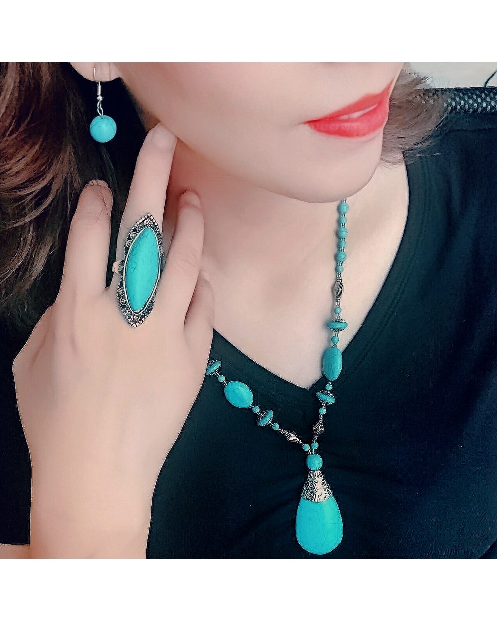 Turquoise Vintage Silver Plated Necklace Bracelet Earring Jewelry Sets front-3