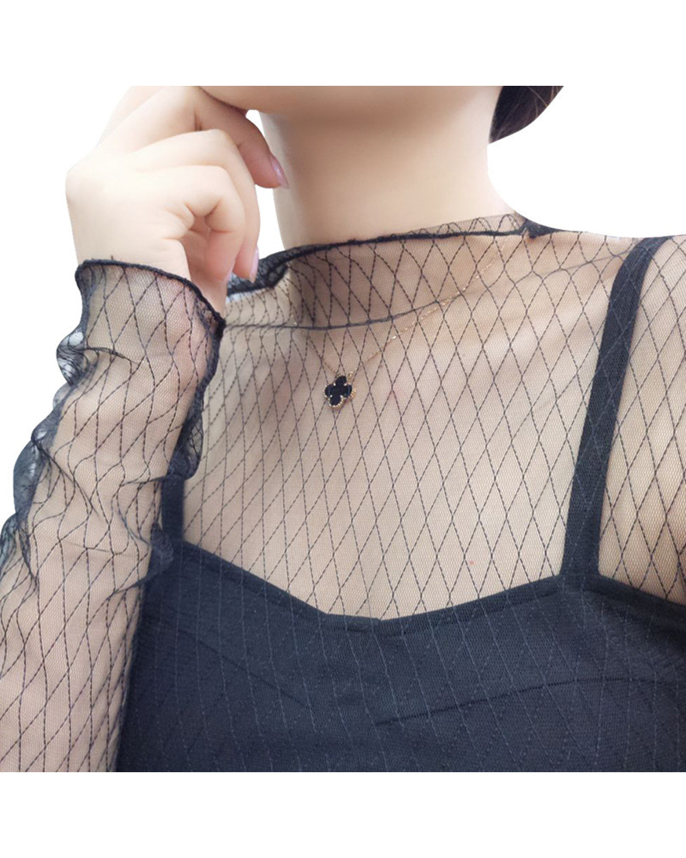 Sexy Mesh Transparent Blouses Tops Clothing Unlined Upper Garment Long Sleeve Net Build Korean Fashion Jacket ds50 front-1