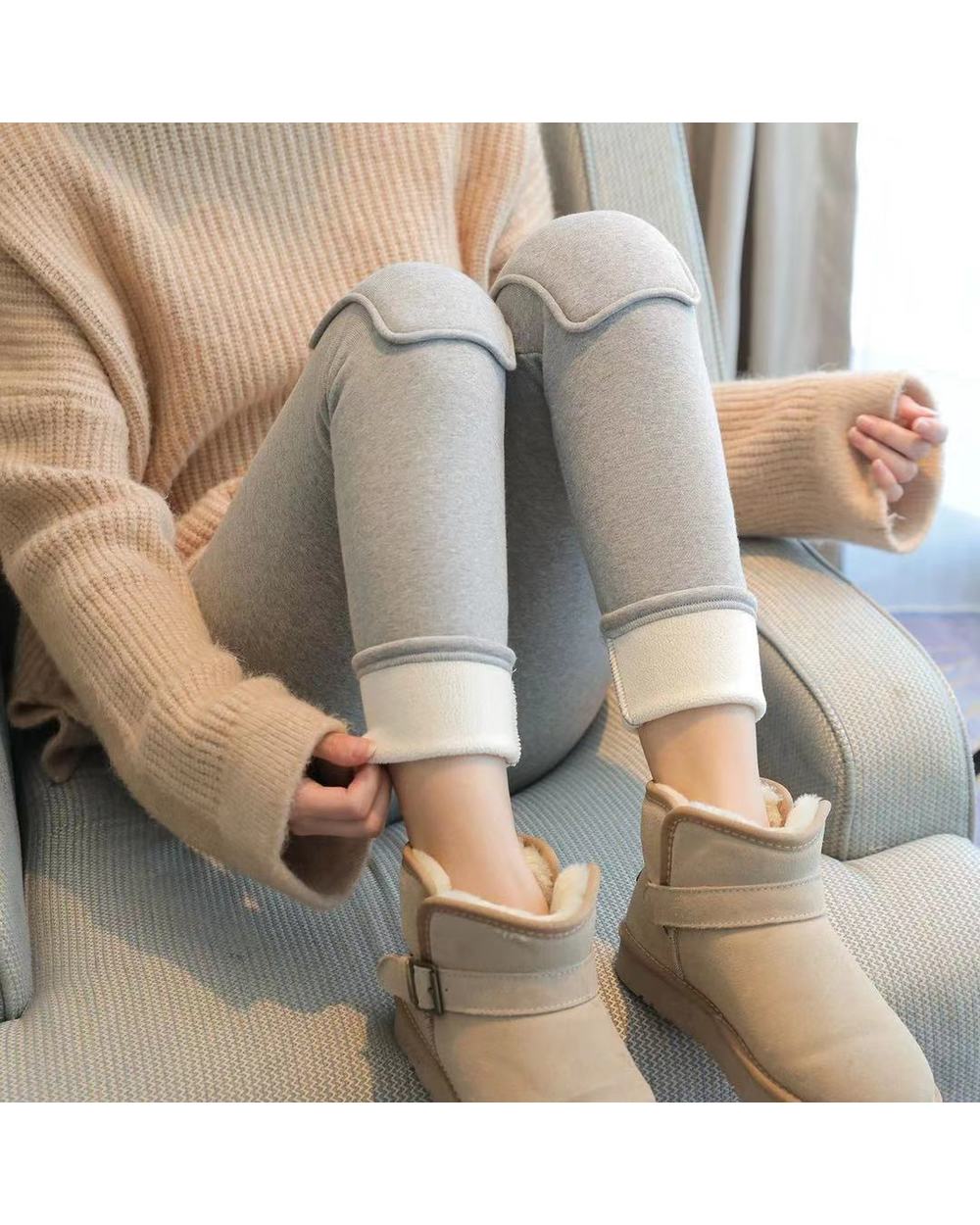 Women's Winter Warm Leggings Skinny Slim Stretch Knee Stitching Knitted Thick Jeggings Solid front-0