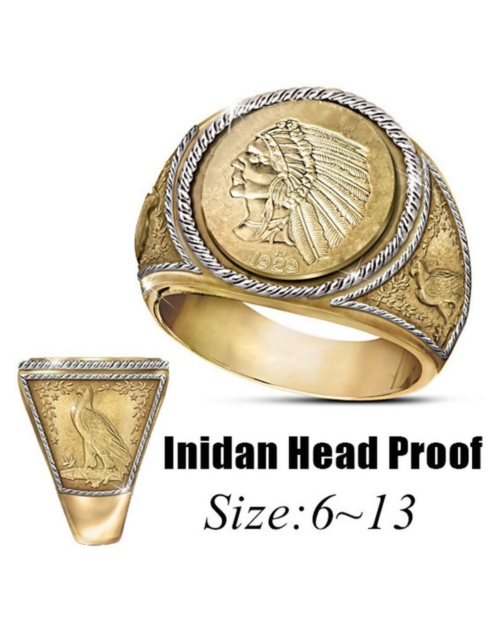 Creative Exquisite Two Tone Sculpture Eagle Pattern Indian Vintage Rings for Men Coin Religion Rings front-2