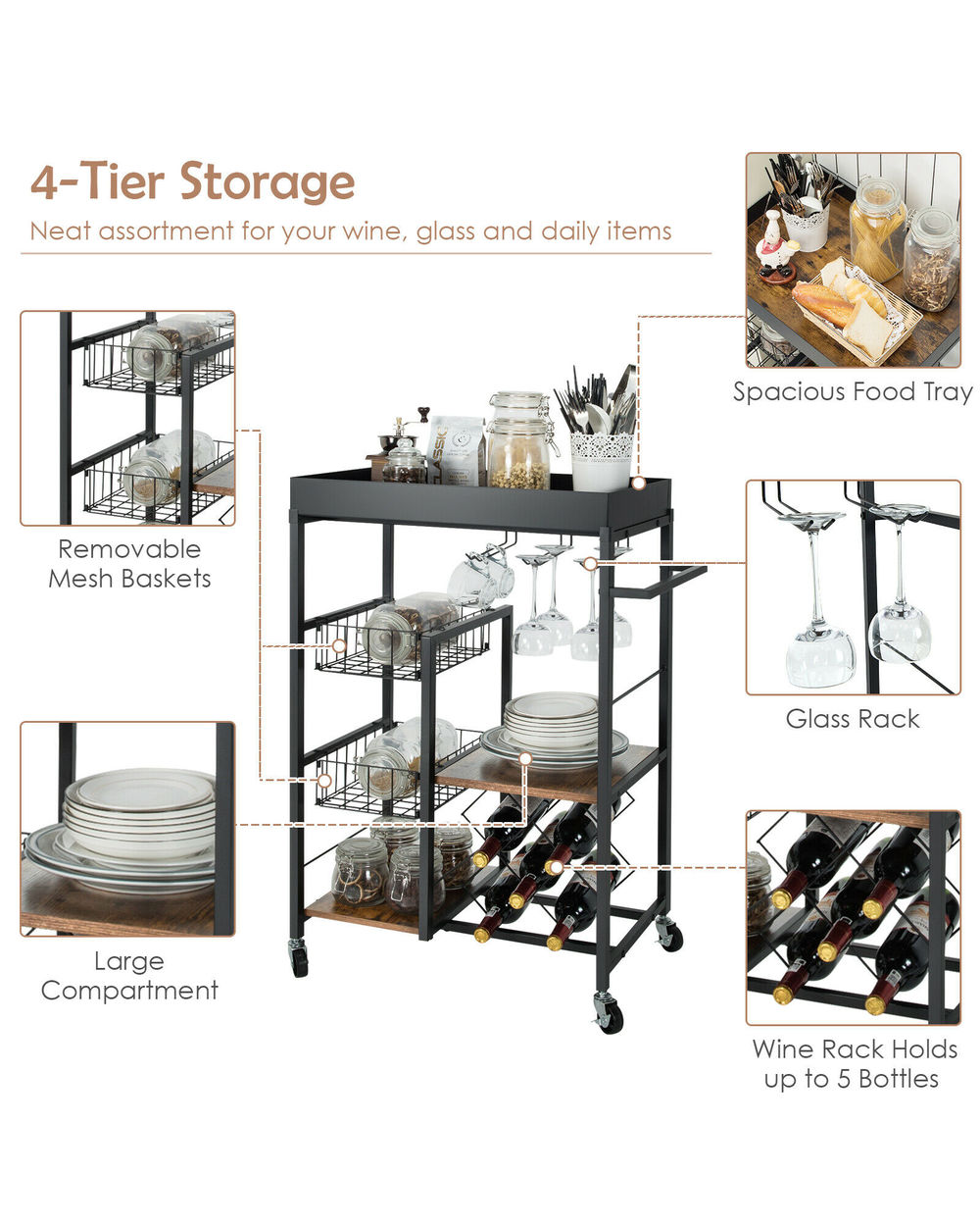 4-Tier Kitchen Bar Cart Rolling Serving Trolley Wine Rack Removable Tray Basket front-4