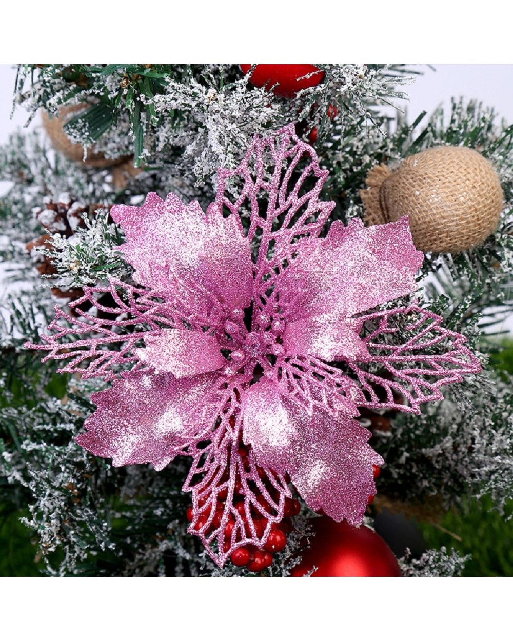 5pcs 15cm Hollow Out Glitter Artifical Christmas Flowers Navidad Xmas Tree Ornaments For Home Party Fake Flower Decor front-4