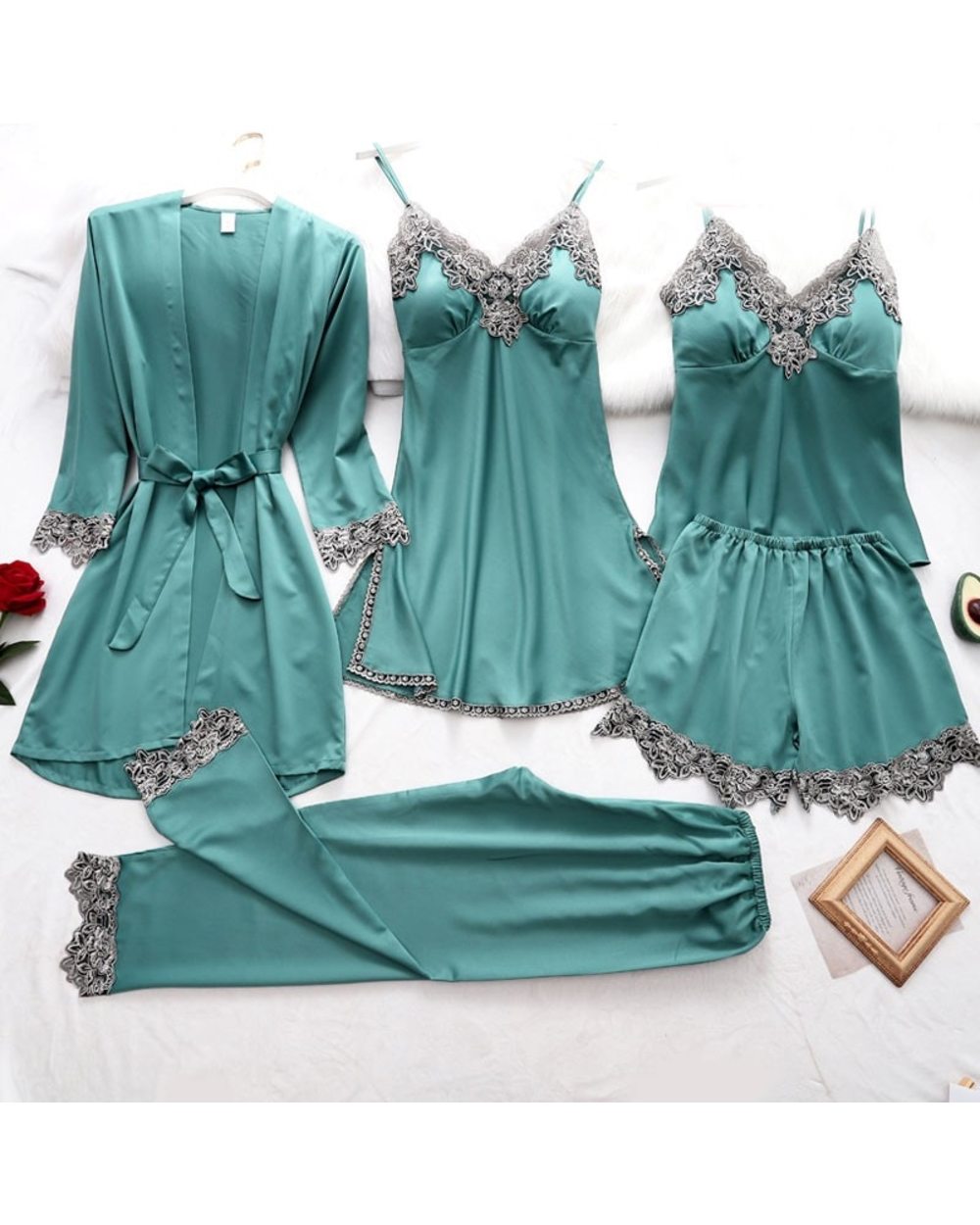 2021 Summer Autumn Spring 5 Pieces Set Silk Elegant Women Pajamas Set Shorts Sleeve Top Elastic Waist Pant Sleepwear Set front-0