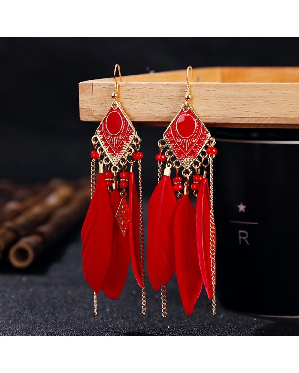 Blue Long Feather Dangle Earrings WCS front-5