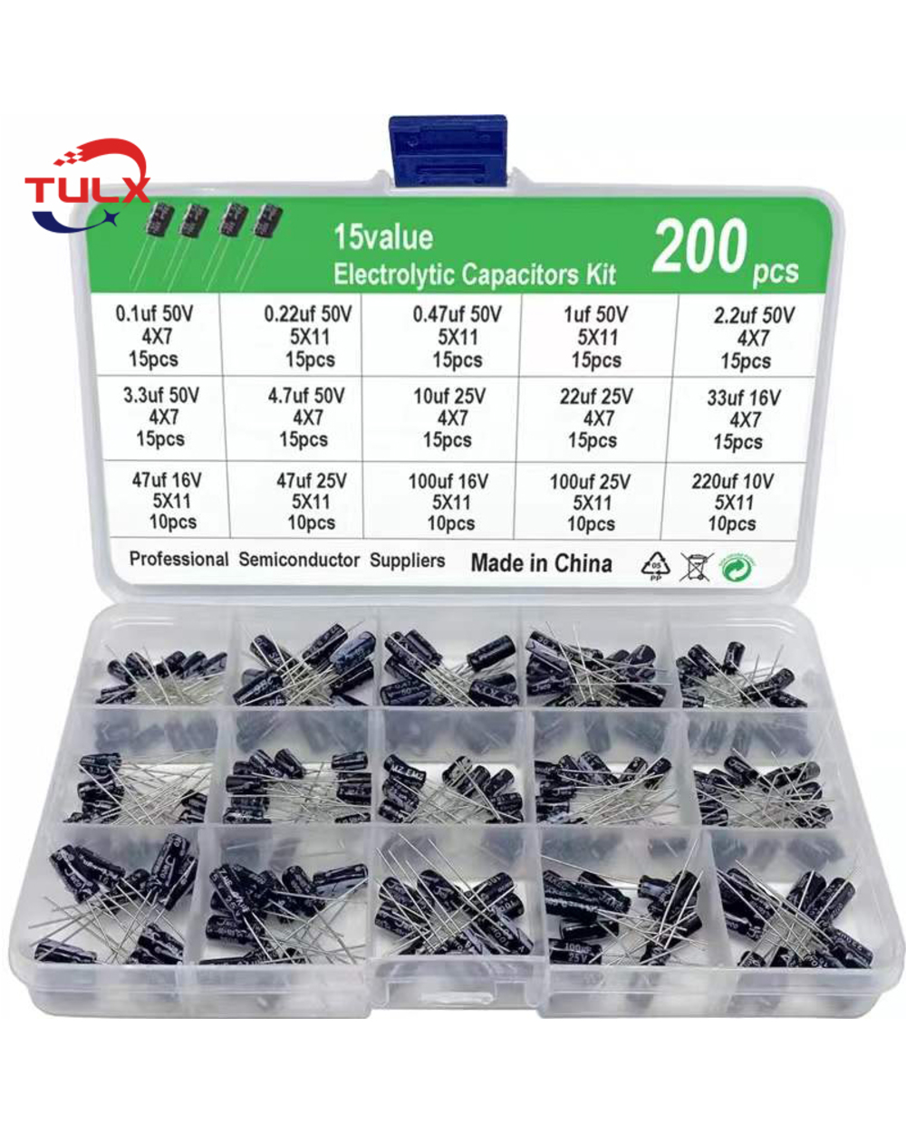 200Pcs/Lot Radial Capacitors Set 15Values 10V 16V 25V 50V 0.1Uf-220Uf Electrolytic Capacitor Assortment Kit 0.22Uf 2.2U front-0