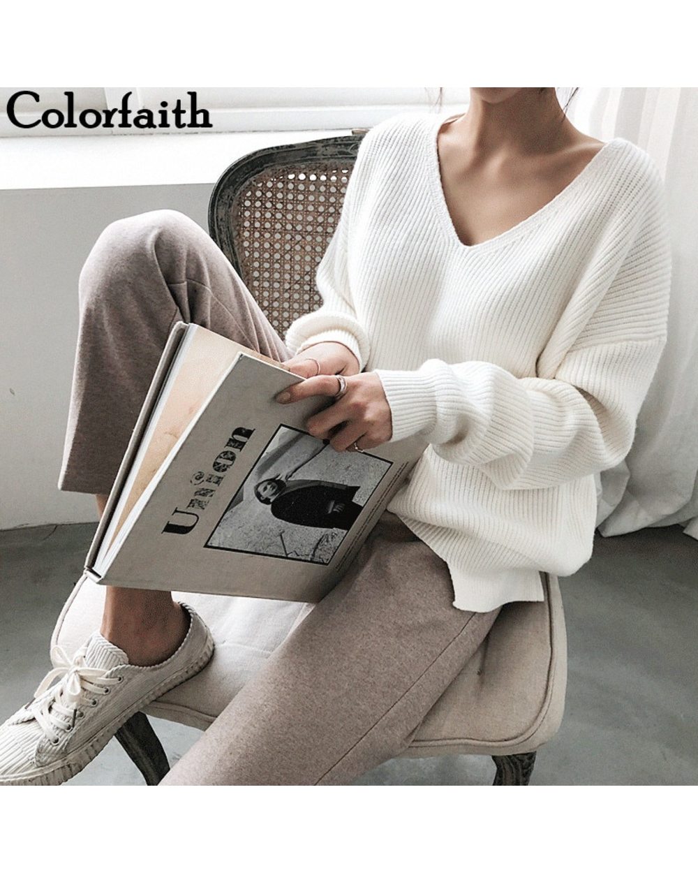 Colorfaith Women's Knitwear Sexy V-Neck Minimalist Tops Korean Irregular Hem Knitted Casual Sweaters front-0