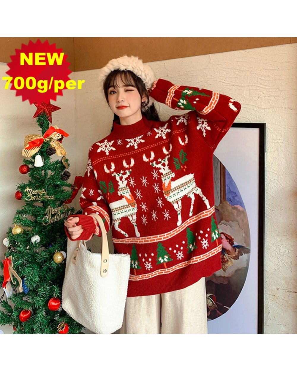 Christmas Mid-length Plus Oversized New Version Handmade Sweater 700g front-0