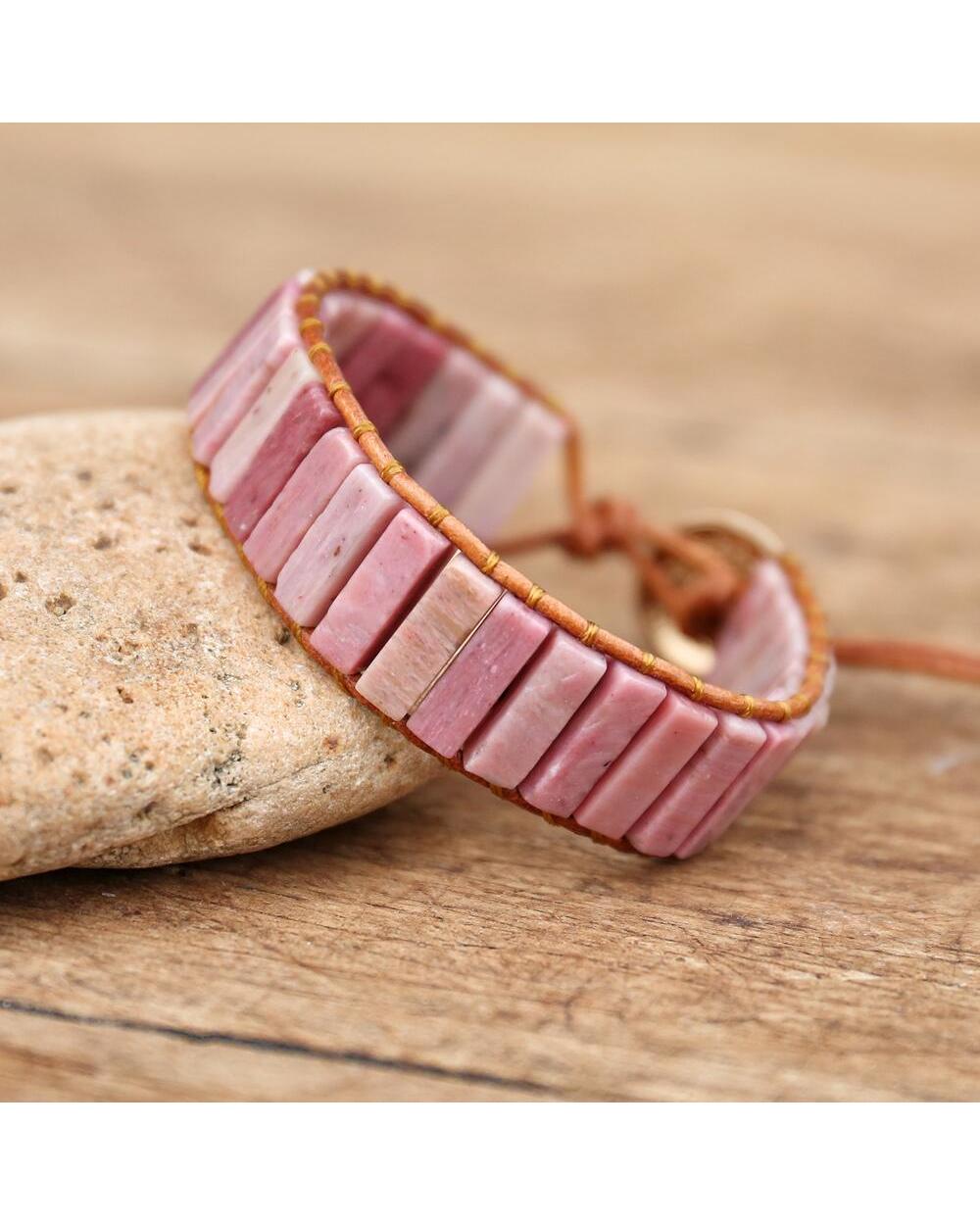 Natural Rhodonite Stone Tube Beads Chakra Braided Leather Wrap Bracelet Women Handmade Bracelet Jewelry Gifts front-2