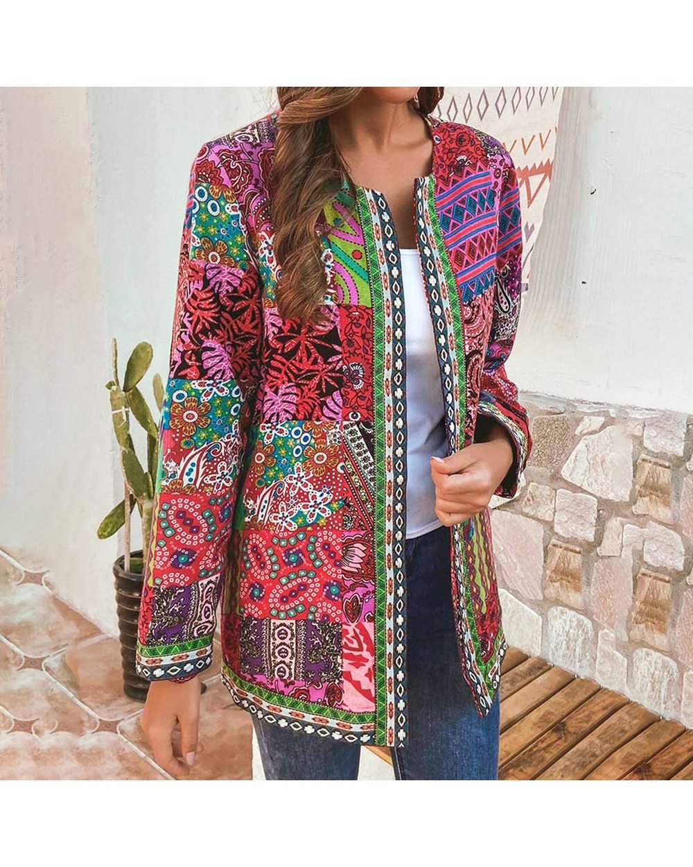 Coat Women Fashion Autumn Winter Ethnic Floral Print Long Sleeve Loose Jacket front-1