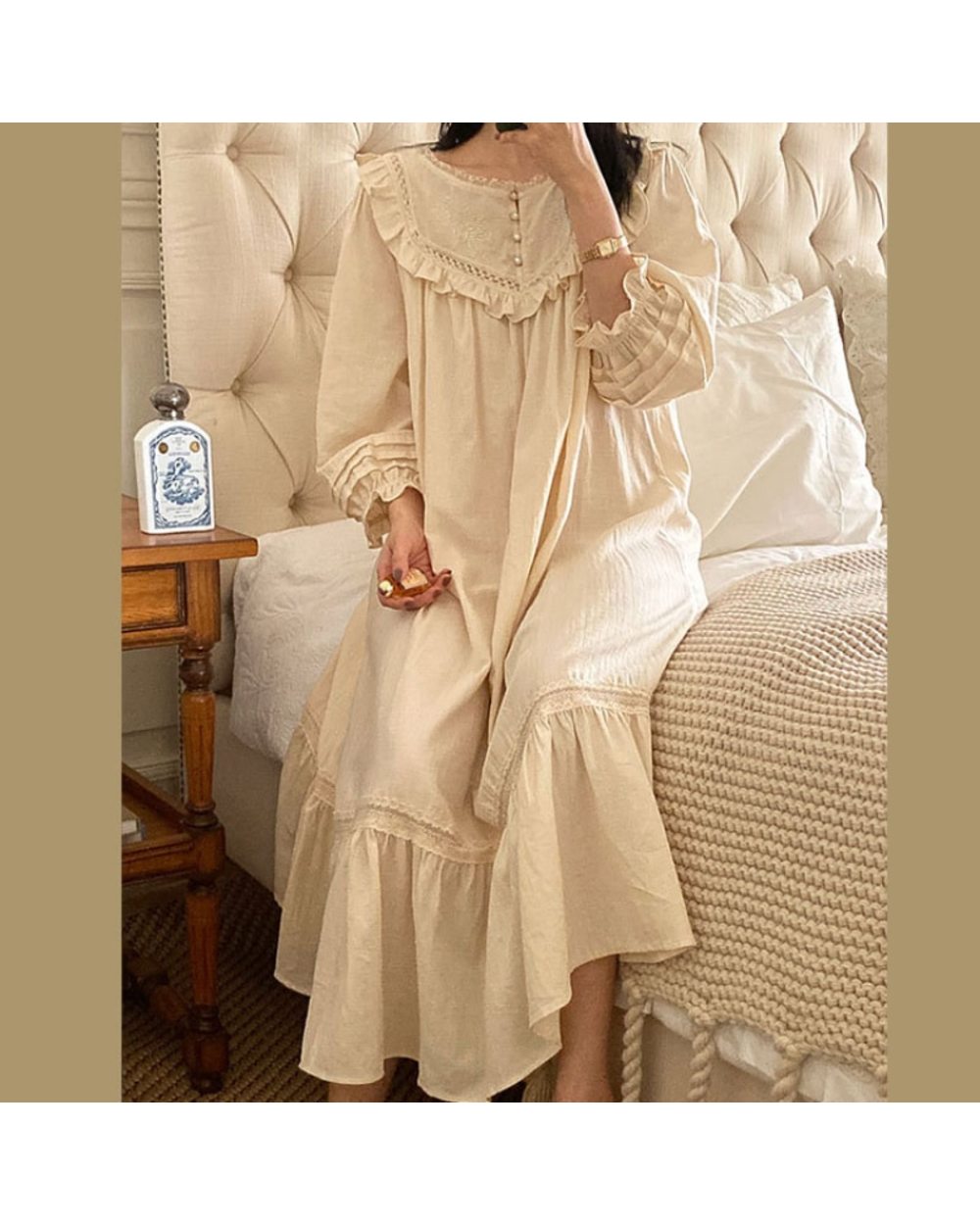 Pure Cotton Vintage Nightgowns Women Robe Nightie Long Victorian Romantic Princess Sleepwear Nightdress front-2